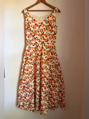 Emily and Fin Margot Orange Print Mid Dress Size XS Midi Trad-Wife Garden Retro